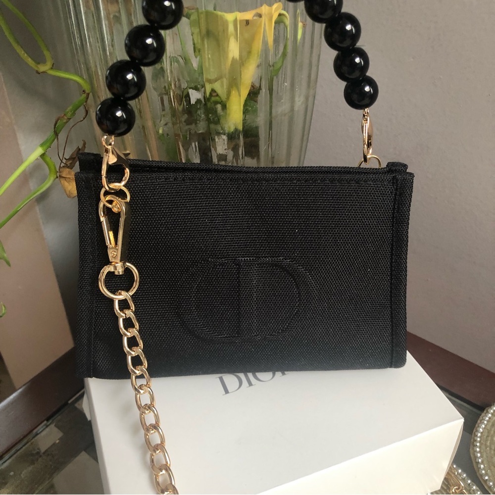 Black Christian dior makeup pouch with chain/pearl - Picture 4 of 14